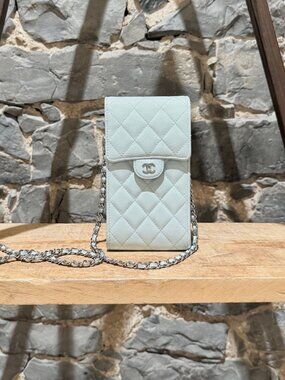 Chanel 2021 Pale Blue Caviar Leather Phone Holder Crossbody Chain Bag